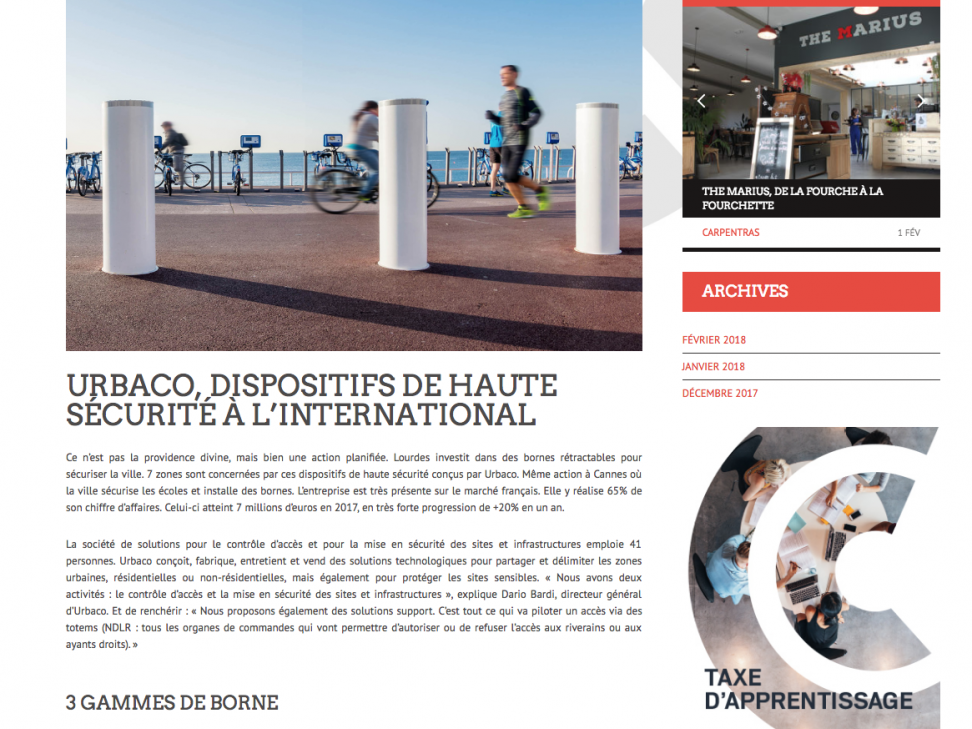 "Came Urbaco, International high security solutions", Dynamiques Vaucluse Press article